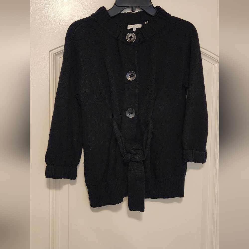 Vince Black Knit Cardigan Button Front Belted Cotton Cashmere Blend Size XS